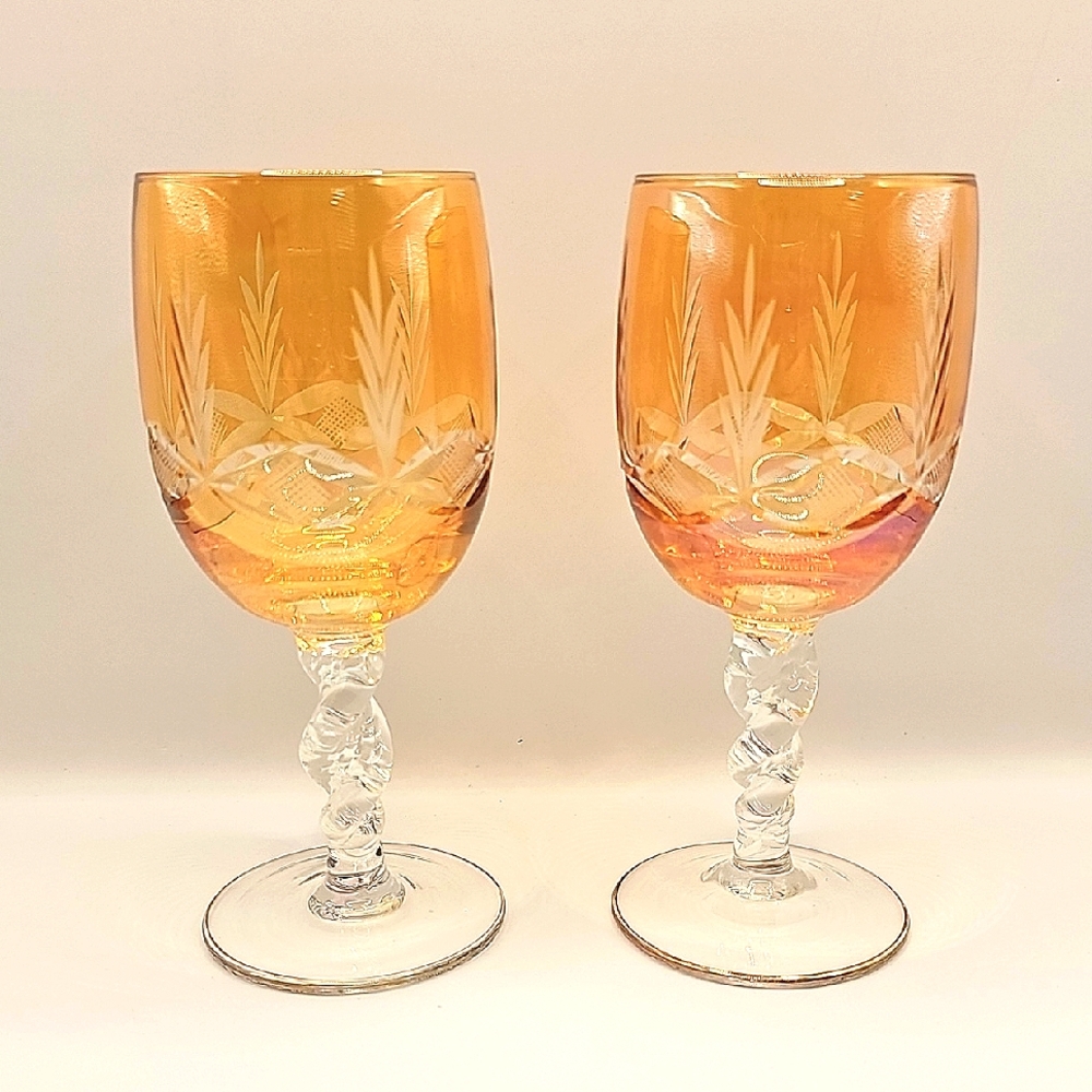 Vintage Amber Etched Wine Glass Set
